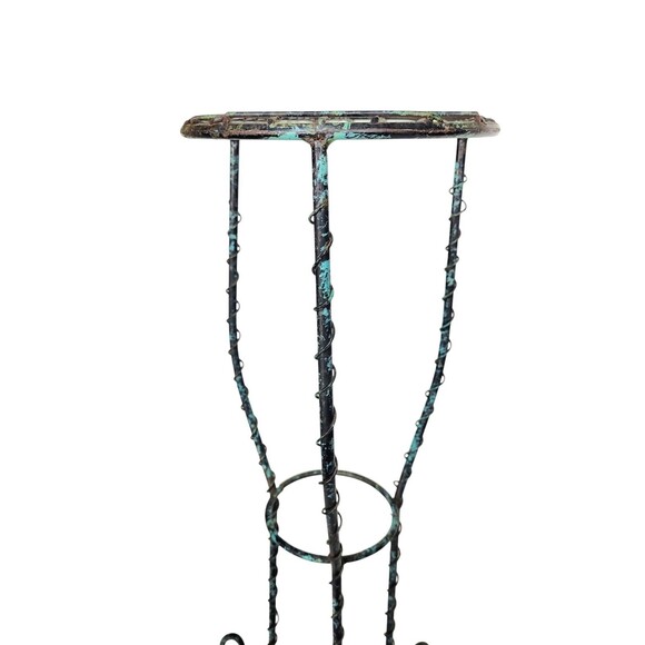 VTG Wrought Iron Twisted Scroll Ball Foot Pedestal Plant Stand Black Turquoise - Picture 12 of 13